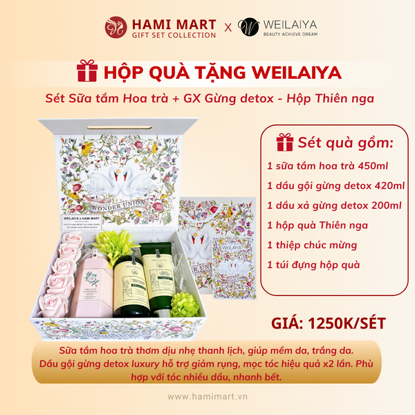 [Hộp Thiên nga] Sét Gội Xả Gừng Xanh Detox Weilaiya + Sữa Tắm Hoa Trà