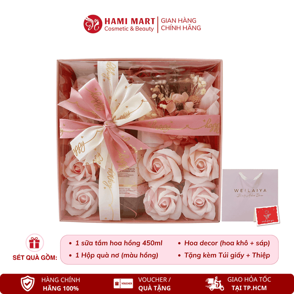[Hộp Hồng] Hộp Quà Sữa Tắm Hoa Hồng Damask Weilaiya 450ml