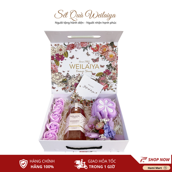 [Hộp Hoa] Sét Quà Tặng Sữa Tắm Hoa Hồng Damask Weilaiya + Bông Tắm