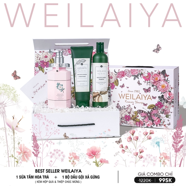 [Hộp Hoa] Sét Quà Tặng Dầu Gội Xả Gừng Weilaiya + Sữa Tắm Trắng Da Hoa Trà Weilaiya