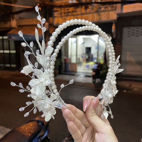 Băng đô cài tóc cô dâu hạt trai hai tầng đính hoa nhũ kim sa mẫu mới T12-2023  giangpkc-phu-kien-thoi-trang