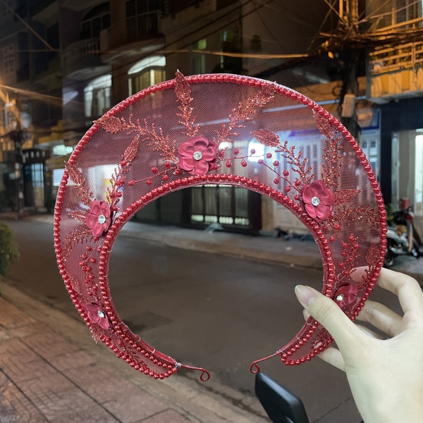 Mấn cô dâu lưới đính hoa cao cấp đỏ đô T5-2024  giangpkc-phu-kien-thoi-trang