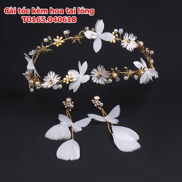 Bộ cài tóc cô dâu mẫu mới kết hợp bông tai lông vũ đẹp