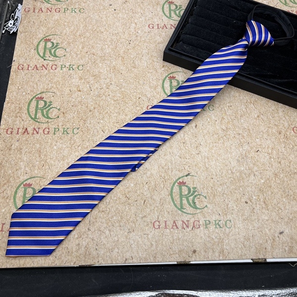 Cà vạt bản 8cm thắt sẵn dây kéo vải bóng đẹp dày 3 lớp màu xanh kẻ cam