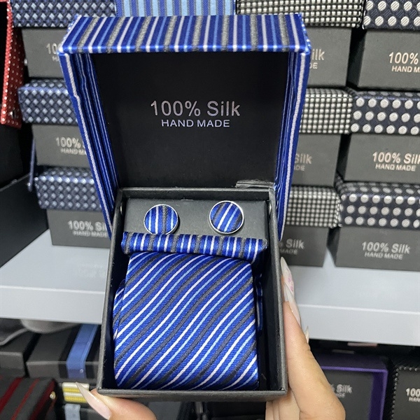 Cà vạt nam màu xanh kẻ sọc kèm hộp bản nhỏ 6cm dành cho nam thanh niên set đầy đủ mẫu t11-2023 Giangpkc 011-85