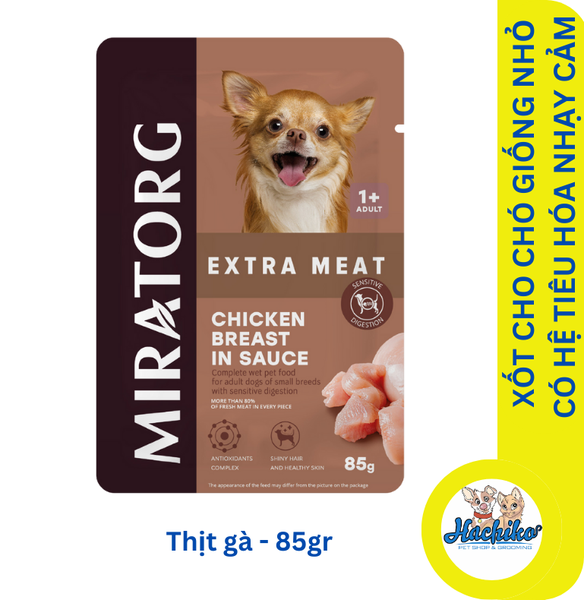 Pate xốt cho chó trưởng thành giống nhỏ có hệ tiêu hóa nhạy cảm Miratorg Extra Meat - Ức gà 85gr
