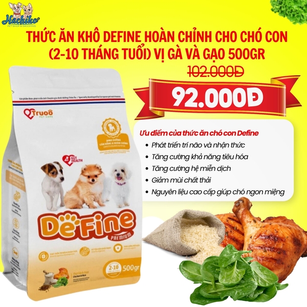 Thức ăn khô Define hoàn chỉnh cho chó con (2-10 tháng tuổi) vị gà và gạo 500gr