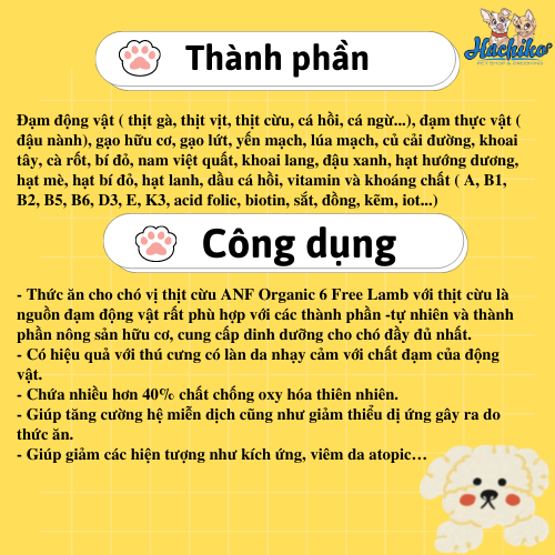 Thức ăn hạt hữu cơ cho chó ANF 6FREE vị vịt 2kg