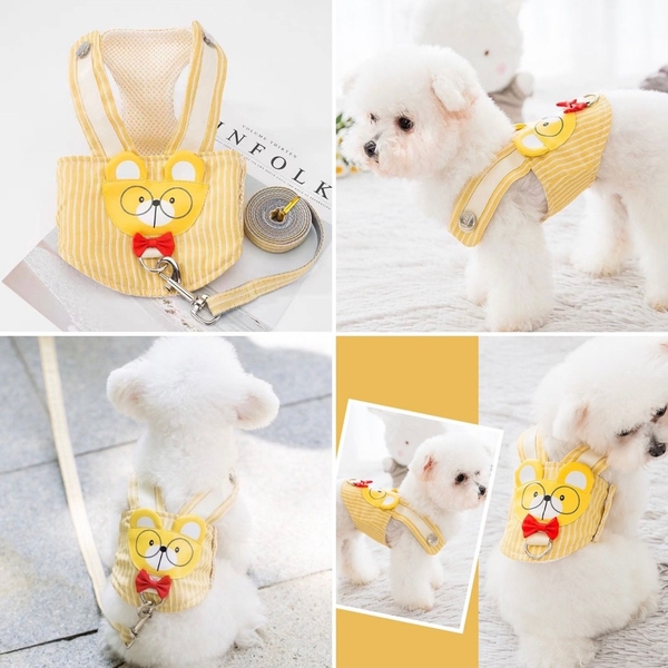 Spet Đai yếm kẻ sọc mặt cún kèm dây dắt size S/M/L