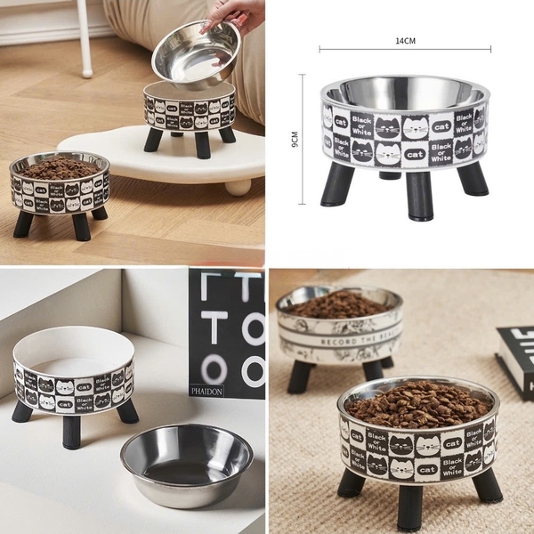 Chén gắn chân họa tiết mặt mèo & hoa lồng inox 14x9cm