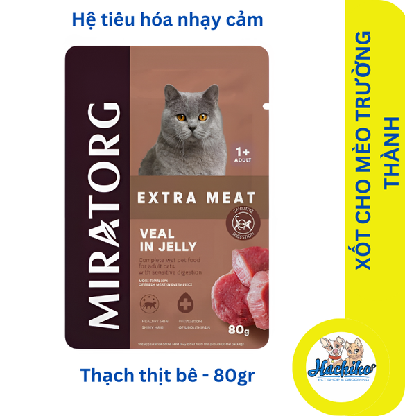 Xốt cho mèo trưởng thành có hệ tiêu hóa nhạy cảm Miratorg Extra Meat - Thạch thịt bê 80gr