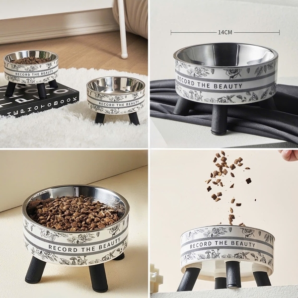 Chén gắn chân họa tiết mặt mèo & hoa lồng inox 14x9cm