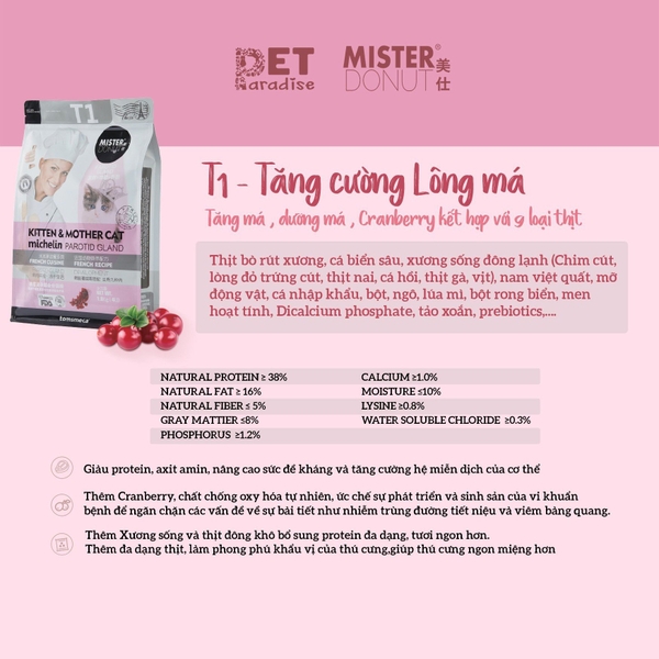 Thức ăn hạt cao cấp Mister Donut T1 1.8kg Dành cho mèo con và mèo mẹ