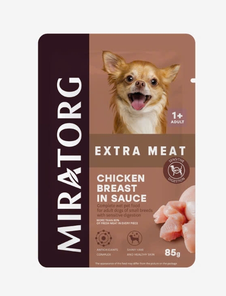 Pate xốt cho chó trưởng thành giống nhỏ có hệ tiêu hóa nhạy cảm Miratorg Extra Meat - Ức gà 85gr