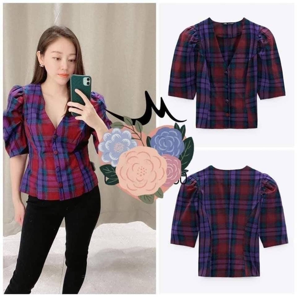 Áo kiểu kẻ cổ V Zara Auth New tag có sẵn 8574/225 8574225