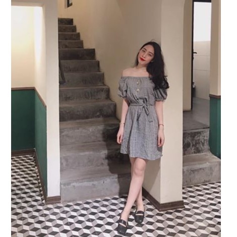 Váy kẻ trễ vai dáng ngắn Zara auth new tag có sẵn 1971/163 1971163