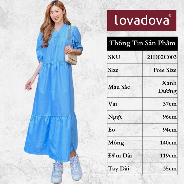 [HCM] Đầm dáng suông, dài tay, cách điệu xếp ly Lovadova 21D02C003 - Xanh dương