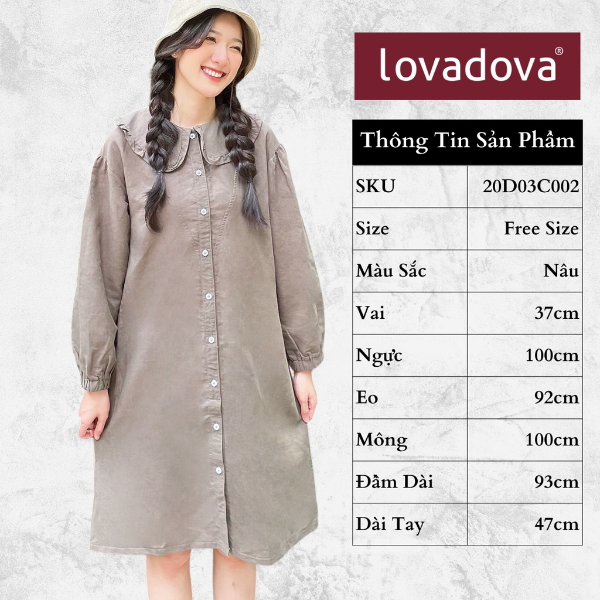 [HCM] Đầm dáng suông, cách điệu cổ tai bèo, nhún cổ tay, có cúc cài Lovadova 20D03C002 - Nâu