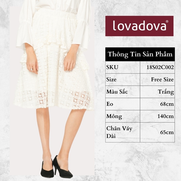 [HCM] Chân váy, cách điệu nhiều tầng, eo thun, họa tiết ren Lovadova 18S02C002 - Trắng