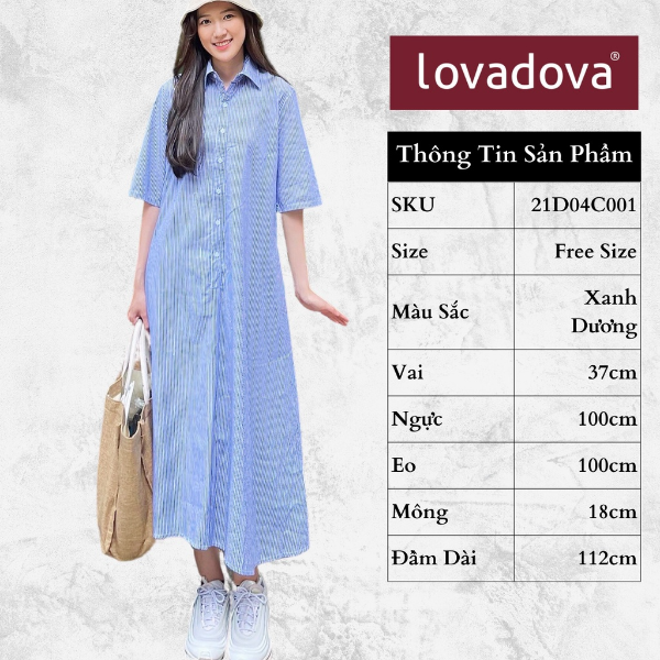 [HCM] Đầm dáng suông, dài tay, cách điệu kiểu sơ mi Lovadova 21D04C001 - Xanh dương