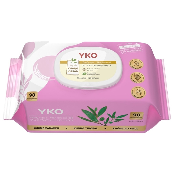 Khăn ướt Yko 90 tờ không mùi nắp bầu dục hồng