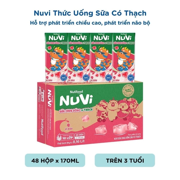 [Thùng 48 hộp] Nuvi Sữa Chua Uống Hương Dâu Có Thạch Hộp 170ml
