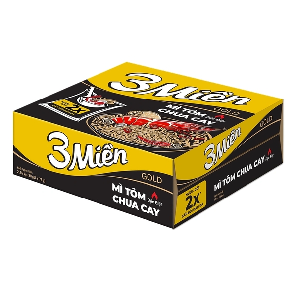 [THÙNG 30 GÓI] 3 Miền Gold Mì Tôm Chua Cay Đặc Biệt Nước Cốt Tôm Và Thịt Gói 75g