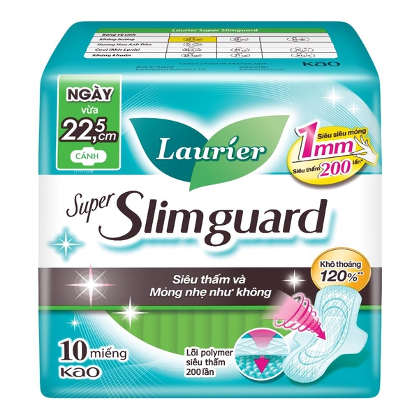 Laurier Băng vệ sinh Siêu Mỏng 1mm Bảo Vệ 22.5cm 10 miếng