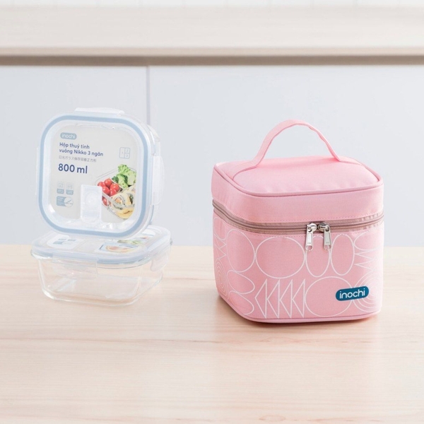 Bộ hộp thuỷ tinh vuông Nikko kèm túi giữ nhiệt Yoshino - Hồng phấn