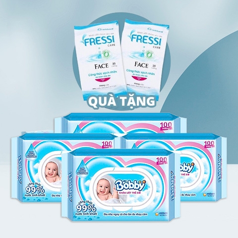 [Combo 4] Khăn ướt Bobby Care không hương - gói 100 tờ - Tặng 2 gói Fressi Care Face 20 miếng