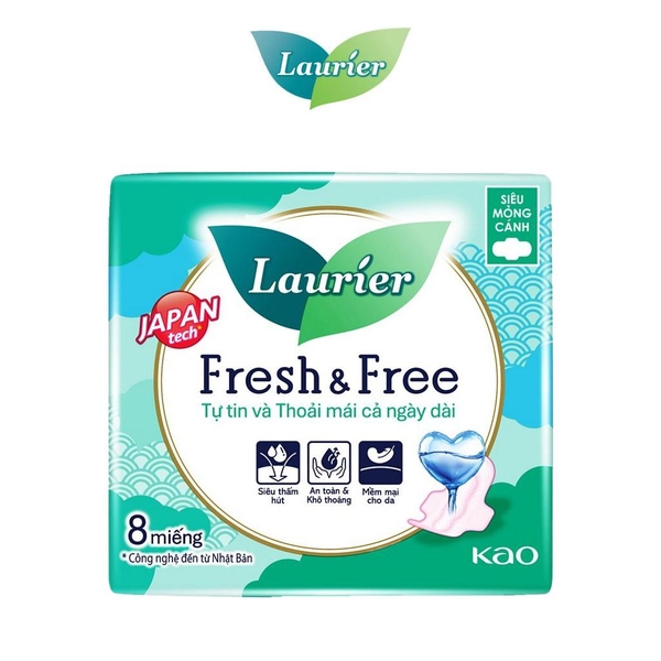 Laurier Băng vệ sinh Fresh & Free Siêu mỏng Cánh 8 miếng