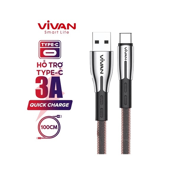 Cáp sạc nhanh Type-C VIVAN BTK-C 3A 1m - Đen, nâu