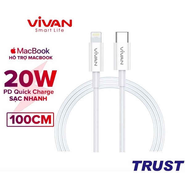 Cáp sạc nhanh PD Type-C to Lightning VIVAN KCL100S 1M 20W - Trắng