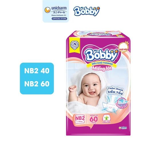 Bobby Miếng lót sơ sinh Newborn 2 - NB2 (60 miếng) Siêu khô thoáng Cho bé