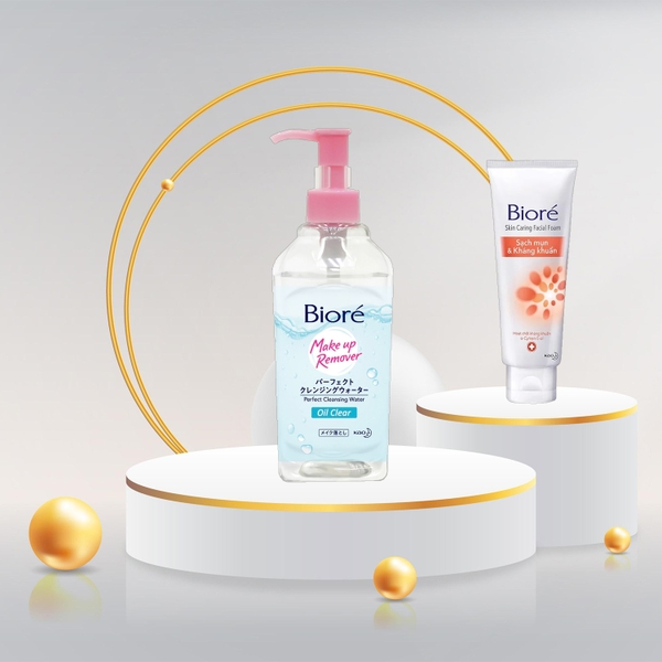 Combo sạch mụn: Nước tẩy trang sạch nhờn Bioré Makeup Remover Perfect Cleansing Water Oil Clear 300ml và Sữa rửa mặt Bioré Skin Caring Facial Foam kháng khuẩn & sạch mụn 100g