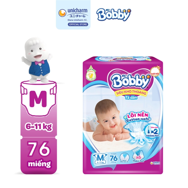 Bobby Tã bỉm dán M76 Siêu khô thoáng Lõi nén cotton-soft