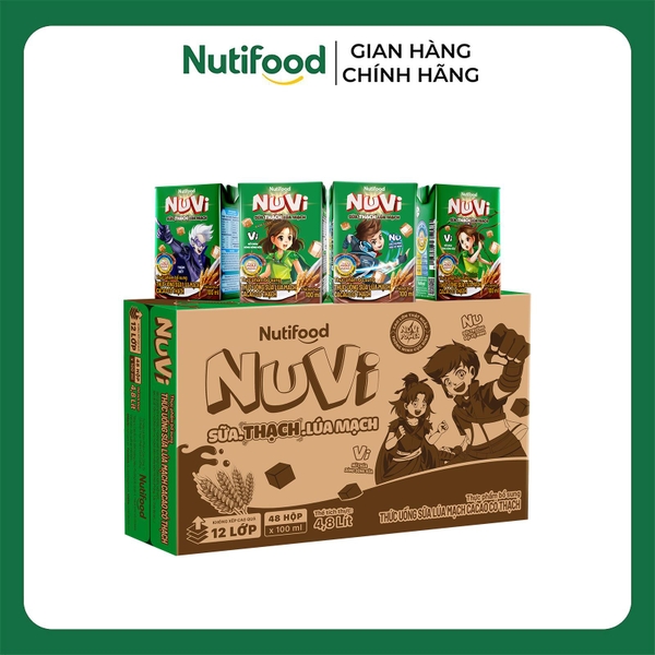 [THÙNG 48] NuVi Thức Uống Sữa Lúa Mạch Cacao Có Thạch Hộp 100ml