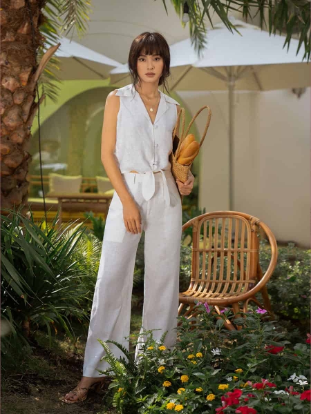 Quần Linen trắng ống rộng YV LE & CO