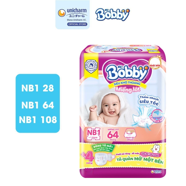 Bobby Miếng lót sơ sinh Newborn 1 - NB1 (64 miếng) Siêu khô thoáng Cho bé