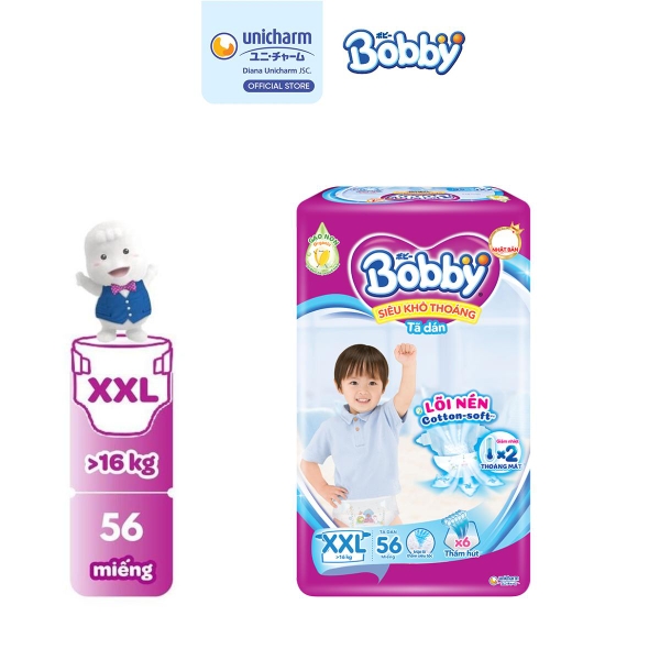 Bobby Tã bỉm dán XXL56 Siêu khô thoáng Lõi nén cotton-soft