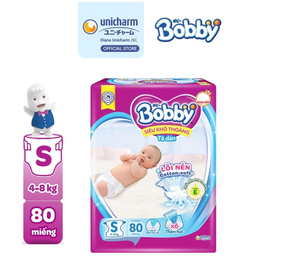 Bobby Tã bỉm dán S80 Siêu khô thoáng Lõi nén cotton-soft