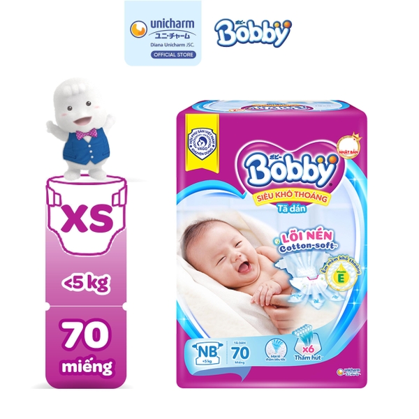 Bobby Tã bỉm dán XS70 Siêu khô thoáng Lõi nén cotton-soft