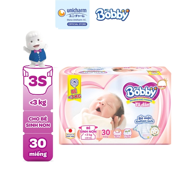 Bobby Tã bỉm dán 3S êm mềm khô thoáng 30 miếng cho bé dưới 3kg