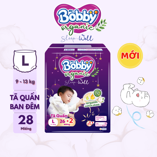 [CỘNG MIẾNG NGẪU NHIÊN] Tã bỉm quần Ban Đêm Cao Cấp Bobby Sleep-Well dịu nhẹ khô thoáng L26