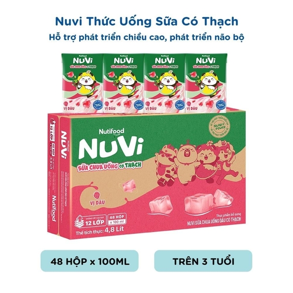 [Thùng 48 hộp] Nuvi Sữa Chua Uống Hương Dâu Có Thạch Hộp 100ml