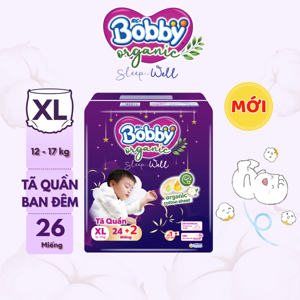 [CỘNG MIẾNG NGẪU NHIÊN] Tã bỉm quần Ban Đêm Cao Cấp Bobby Sleep-Well dịu nhẹ khô thoáng XL24