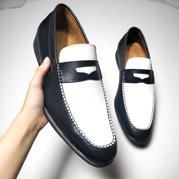 Giày Tây Xỏ Big Size Nam- Da Thật, Có Size Lớn (45 46 47 48 49 50) - Trắng Đen -