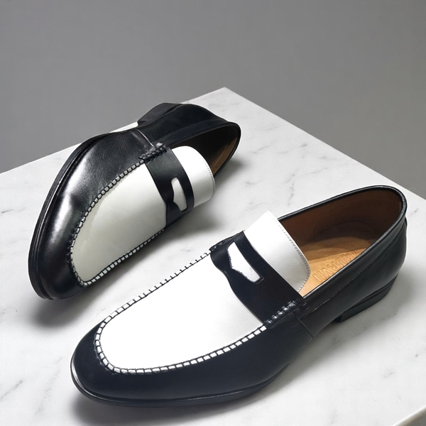 Giày Tây Xỏ Big Size Nam- Da Thật, Có Size Lớn (45 46 47 48 49 50) - Trắng Đen - 