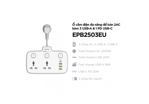 Ổ điện đa năng Energizer 2AC kèm 3USB-A và 1USB-C sạc nhanh PD (max 20W)