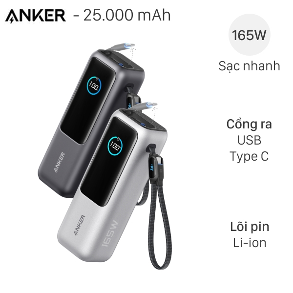 Pin Dự Phòng Anker 25.000mAh 165W Tích Hợp Cáp Rút Gọn A1695